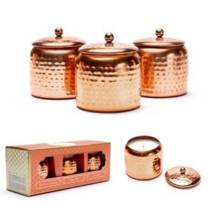 CANDELE PROFUMATE IN VASETTO PLACCATO RAME CON COPERCHIO SET DA 3